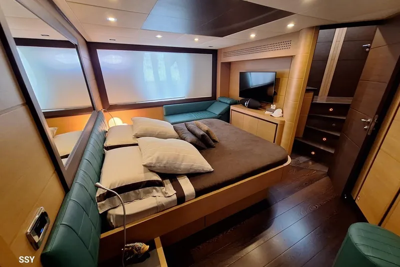  Yacht Photos Pics Luxurious 2008 Pershing 72 yacht bedroom with modern decor and ambient lighting.