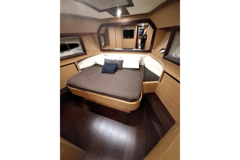  Yacht Photos Pics Luxurious interior of 2008 Pershing 72 yacht with modern bedroom design.