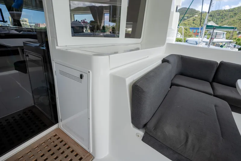 Blue Octane Yacht Photos Pics Lagoon 52 F 2018 yacht interior with gray seating and modern design.