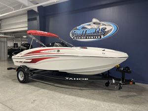 2024 Tahoe T16 boat at Foothills Marine Center with red accents and trailer.