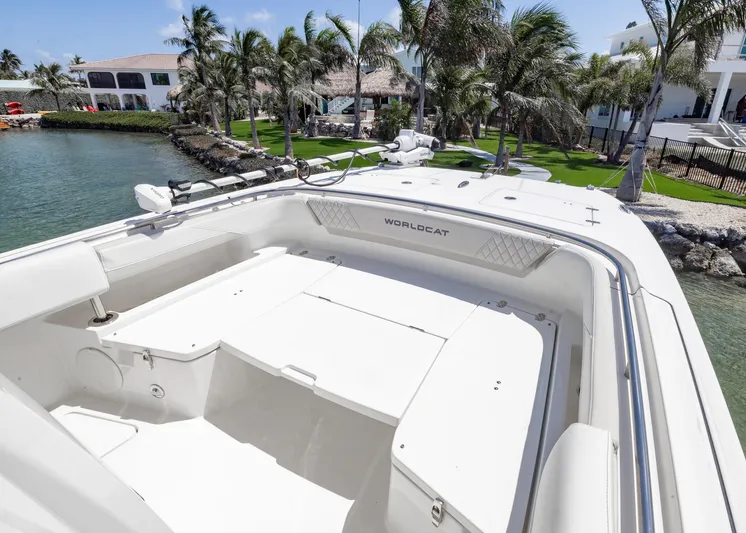  Yacht Photos Pics 2024 World Cat 260CC boat docked by palm trees and waterfront homes.