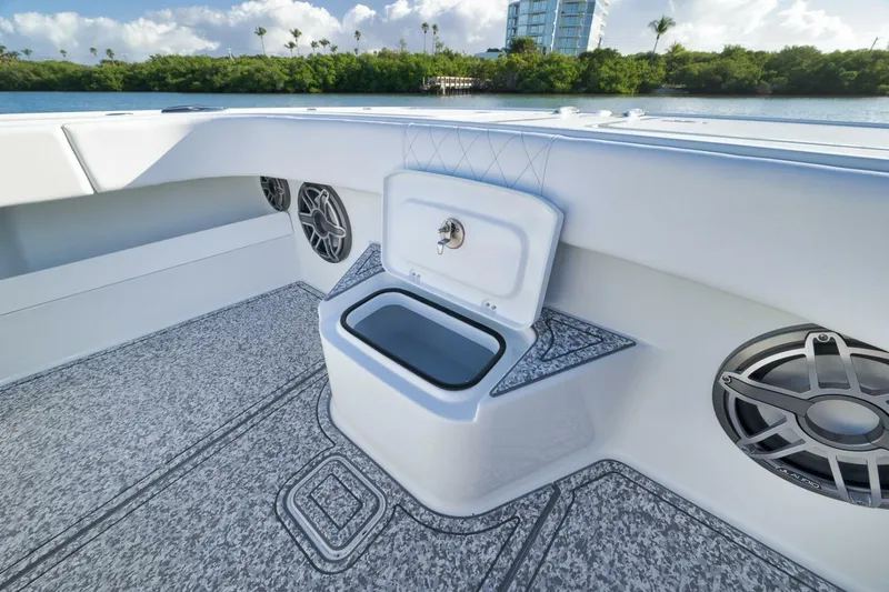  Yacht Photos Pics Freeman 43 boat interior with storage compartment and speakers, 2023 model.