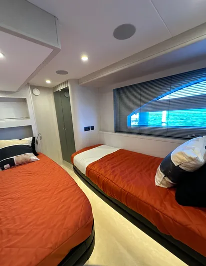 Lucy Penguin Yacht Photos Pics Luxurious cabin interior of 2019 Van der Valk BeachClub 600 yacht with twin beds.