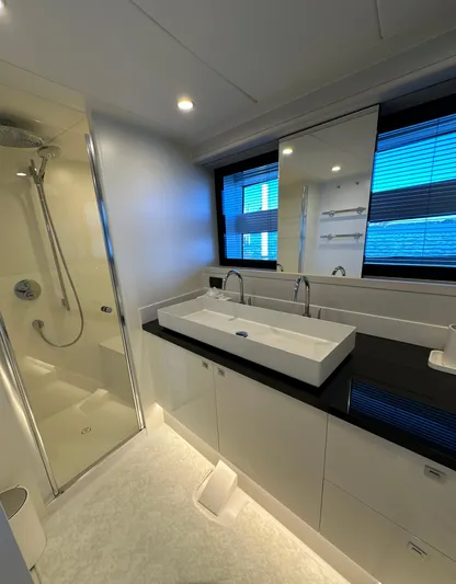Lucy Penguin Yacht Photos Pics Luxurious bathroom in 2019 Van der Valk BeachClub 600 yacht with modern fixtures and shower.