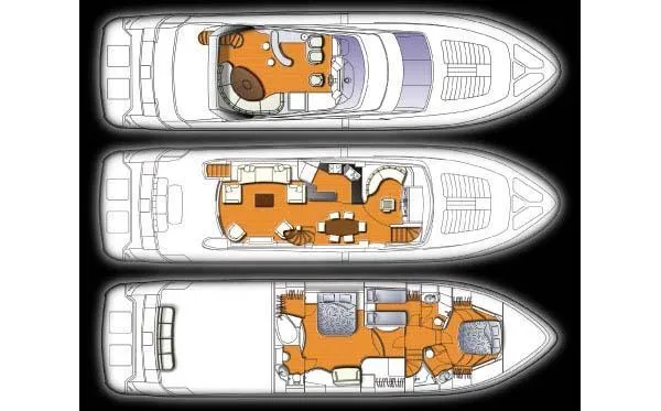 Tuff Ship Yacht Photos Pics Floor plan of 2007 Marquis 65 yacht, showcasing three detailed deck layouts.