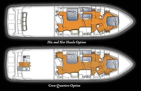 Tuff Ship Yacht Photos Pics Floor plan of 2007 Marquis 65 yacht with two layout options: His and Her Heads, Crew Quarters.