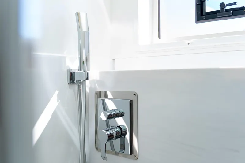 Jewel Yacht Photos Pics Modern shower controls on 2023 Fountaine Pajot Alegria yacht, featuring sleek chrome fixtures.