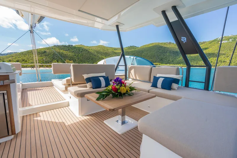 Jewel Yacht Photos Pics Luxurious 2023 Fountaine Pajot Alegria yacht interior with scenic ocean view.
