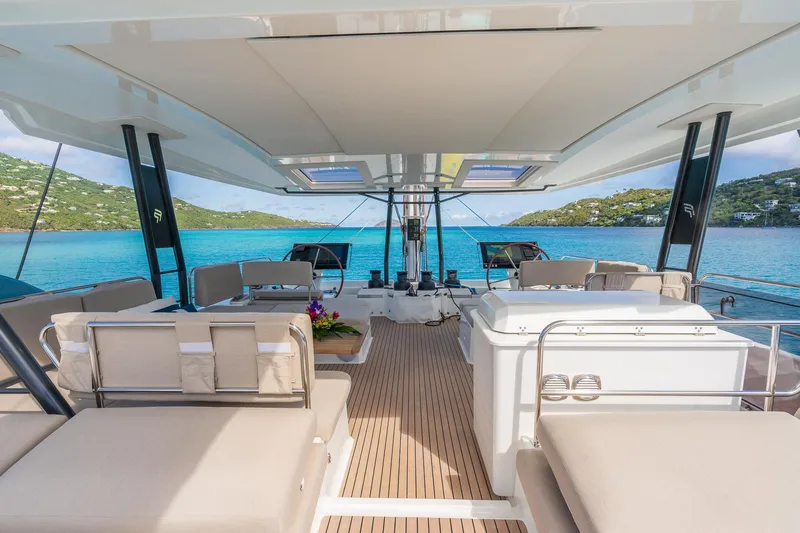 Jewel Yacht Photos Pics Luxurious 2023 Fountaine Pajot Alegria yacht deck with stunning ocean view.