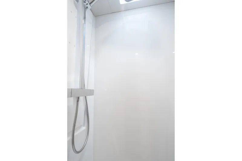Jewel Yacht Photos Pics Modern shower area in 2023 Fountaine Pajot Alegria yacht, featuring sleek design.