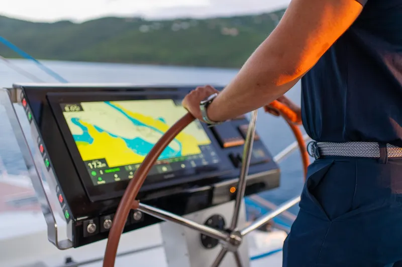 Jewel Yacht Photos Pics Helm of Fountaine Pajot Alegria 2023 with navigation system.