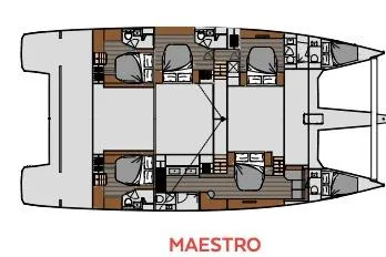 Jewel Yacht Photos Pics 2023 Fountaine Pajot Alegria catamaran layout, Maestro version, featuring multiple cabins and amenities.