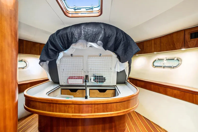 Playpen Yacht Photos Pics Luxurious 2003 Tiara Yachts 5200 Sovran interior with elegant wood finish and skylight.