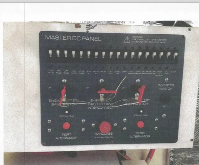 Getaway Yacht Photos Pics Master DC panel of 2001 Tiara Yachts 3500 Express with switches and indicators.