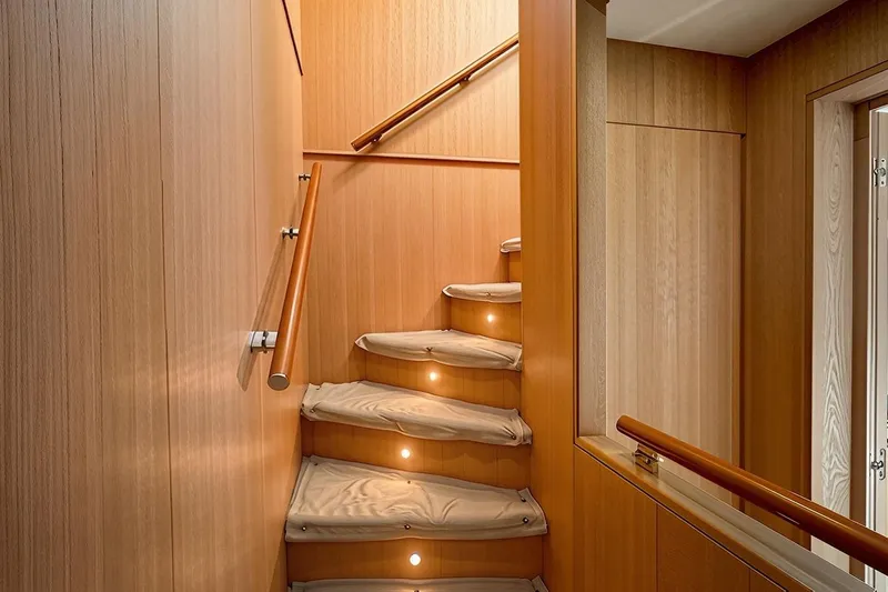  Yacht Photos Pics Wooden staircase with soft steps and ambient lighting on Aicon 85 yacht, 2015 model.