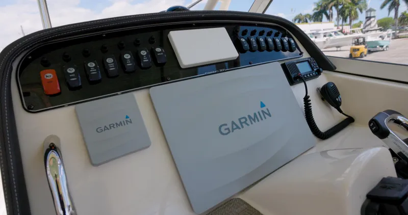  Yacht Photos Pics Control panel of 2018 Grady-White Freedom 307 boat with Garmin navigation system.
