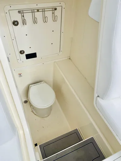Part Time Hooker Yacht Photos Pics 2009 SeaVee IPS boat interior with compact marine toilet and storage hooks.
