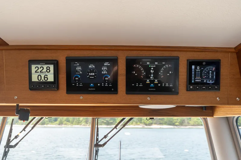 Stock 2 Yacht Photos Pics Dashboard of 2025 Targa 32 GT boat with digital navigation displays.