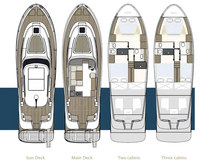 450 Rs Yacht Photos Pics Deck layout of Monachus 450 RS 2026 yacht, featuring sun, main, two, and three cabin options.