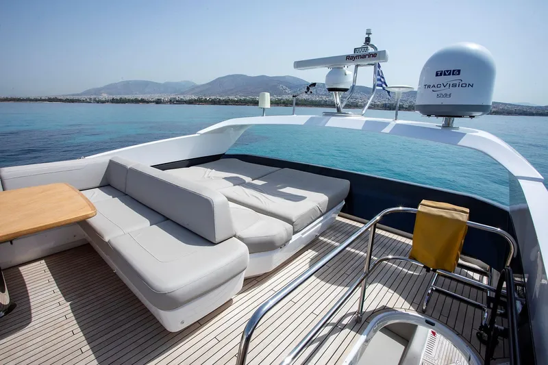  Yacht Photos Pics Luxurious 2020 Princess F70 yacht deck with seating, table, and ocean view.