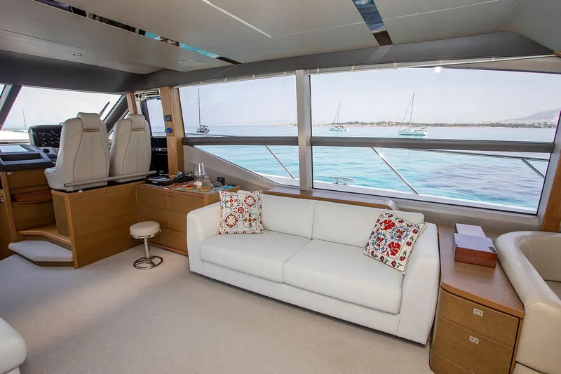  Yacht Photos Pics Luxurious interior of 2020 Princess F70 yacht with white sofa and ocean view.