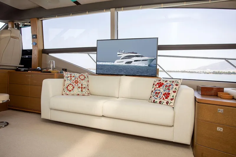  Yacht Photos Pics Luxurious 2020 Princess F70 yacht interior with elegant sofa and decorative pillows.
