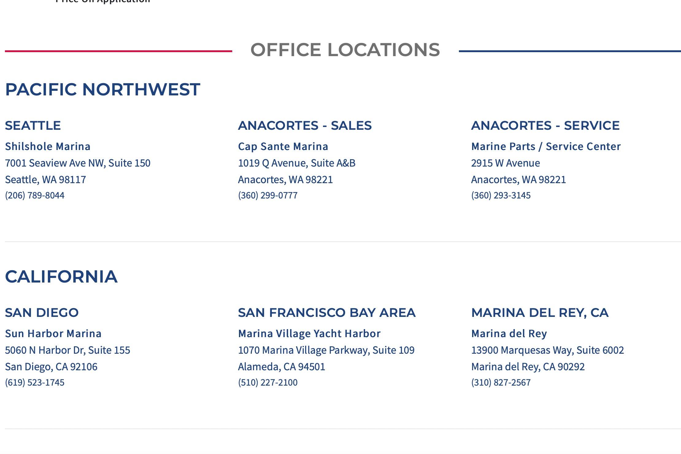 Office locations for Dehler 34, 2026: Pacific Northwest and California marinas.