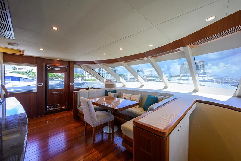 Claypen Yacht Photos Pics Luxurious 2013 Ocean Alexander Sky Lounge interior with panoramic windows and elegant seating area.
