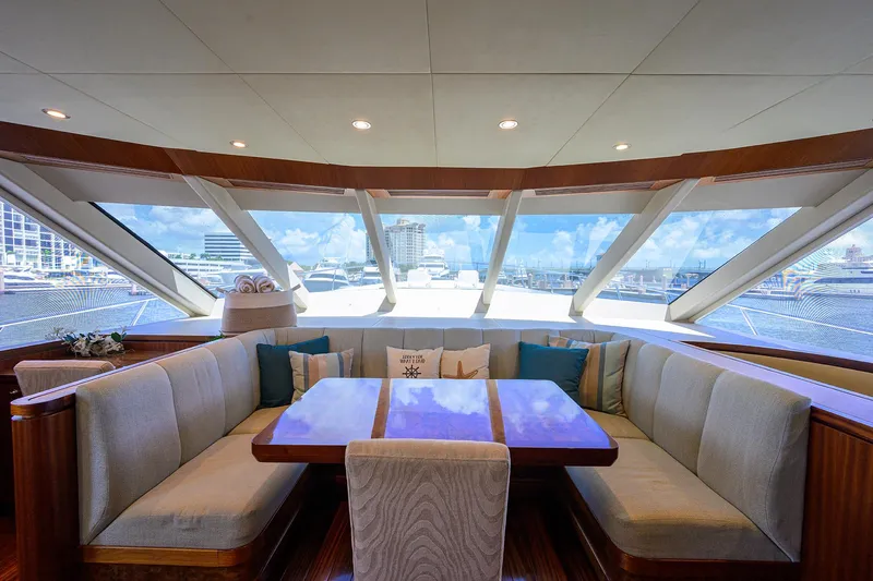 Claypen Yacht Photos Pics Luxurious 2013 Ocean Alexander Sky Lounge interior with panoramic windows and elegant seating area.