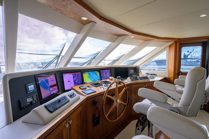 Claypen Yacht Photos Pics Luxurious 2013 Ocean Alexander Sky Lounge yacht interior with advanced navigation controls.