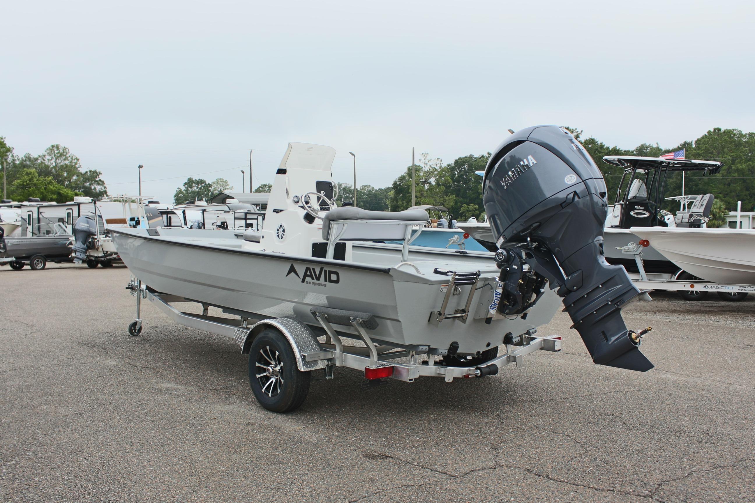 2026 Avid 20 Rogue CC boat with Yamaha outboard motor on trailer.