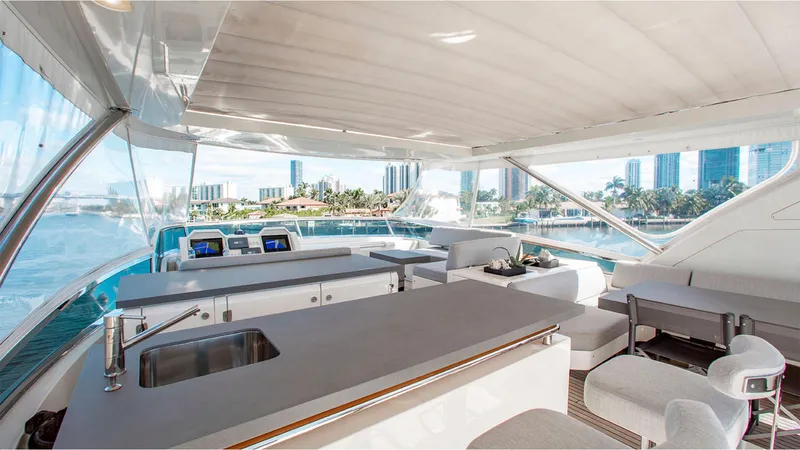 Bt2 Yacht Photos Pics Luxurious Azimut 95 yacht interior with modern amenities, city skyline view, 2010 model.