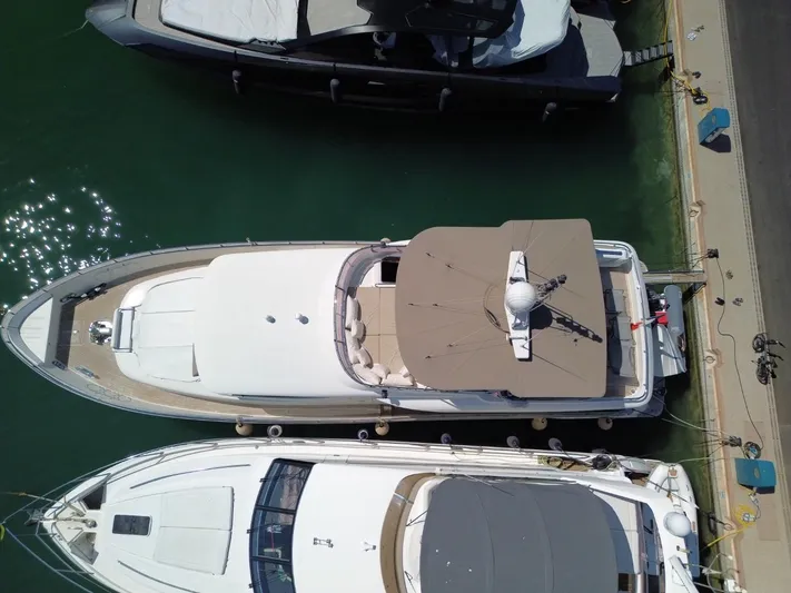 Getaway Yacht Photos Pics Overhead view of 2012 Gianetti Navetta 67 yacht docked at marina.