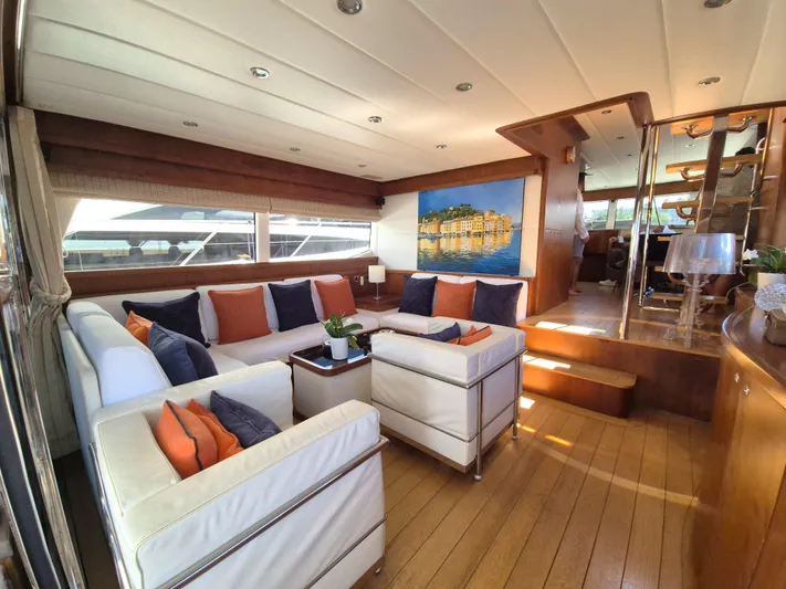 Getaway Yacht Photos Pics Luxurious interior of 2012 Gianetti Navetta 67 yacht with elegant seating and artwork.