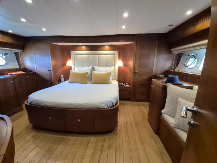 Getaway Yacht Photos Pics Luxurious bedroom interior of 2012 Gianetti Navetta 67 yacht with elegant wood finishes.