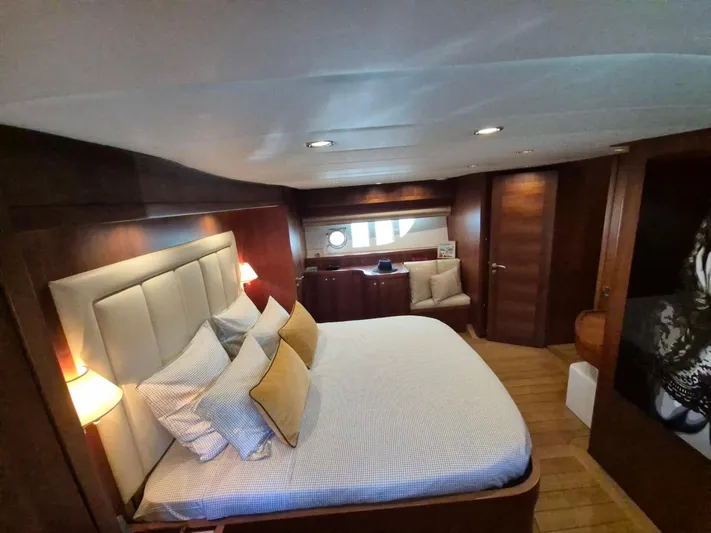 Getaway Yacht Photos Pics Luxurious bedroom interior of 2012 Gianetti Navetta 67 yacht with elegant wood finishes.