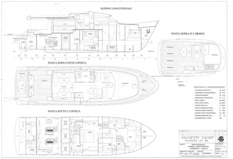 Getaway Yacht Photos Pics Blueprint of 2012 Gianetti Navetta 67 yacht, showcasing detailed floor plans and specifications.
