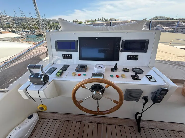 Getaway Yacht Photos Pics Helm of 2012 Gianetti Navetta 67 yacht with navigation controls and wooden steering wheel.