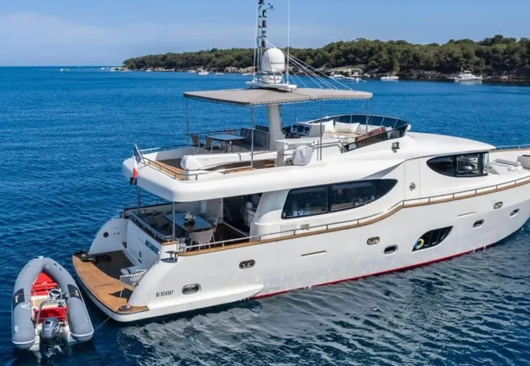 Getaway Yacht Photos Pics Luxurious 2012 Gianetti Navetta 67 yacht anchored in serene blue waters.