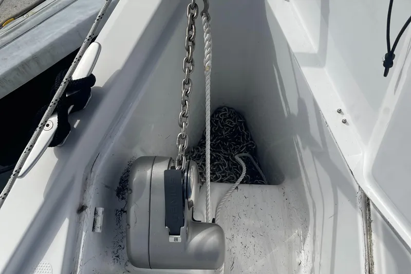 Silver Alert Yacht Photos Pics Anchor chain and winch on 2021 Hanse 418 sailboat deck.
