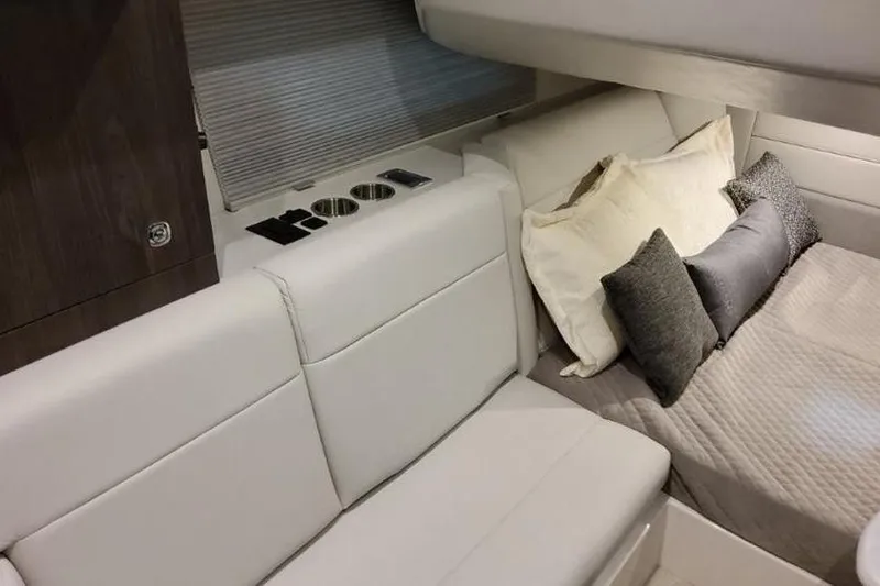  Yacht Photos Pics Luxurious interior of 2026 Formula 360 Crossover Bowrider I/O with plush seating and bedding.
