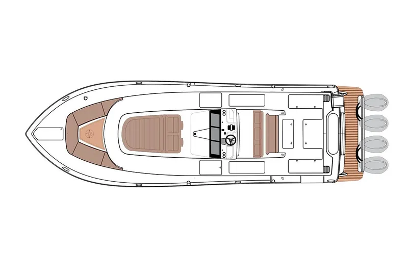 Island Waters Yacht Photos Pics Top view layout of a 2018 Scout 380 LXF boat with detailed seating and deck areas.