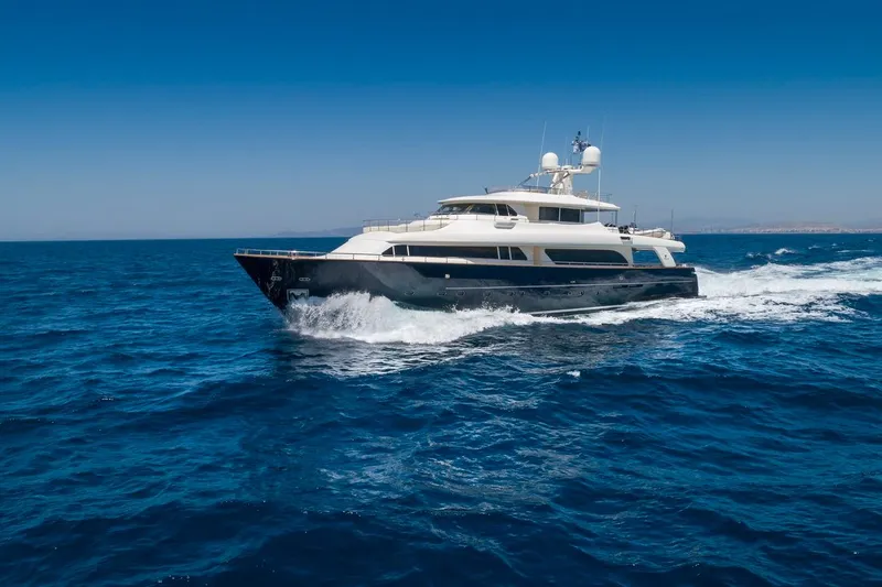 Hag Yacht Photos Pics Luxury yacht Custom Line Navetta 30 cruising on open sea, 2007 model.