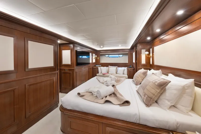 Hag Yacht Photos Pics Luxurious cabin interior of 2007 Custom Line Navetta 30 yacht with elegant wood paneling.
