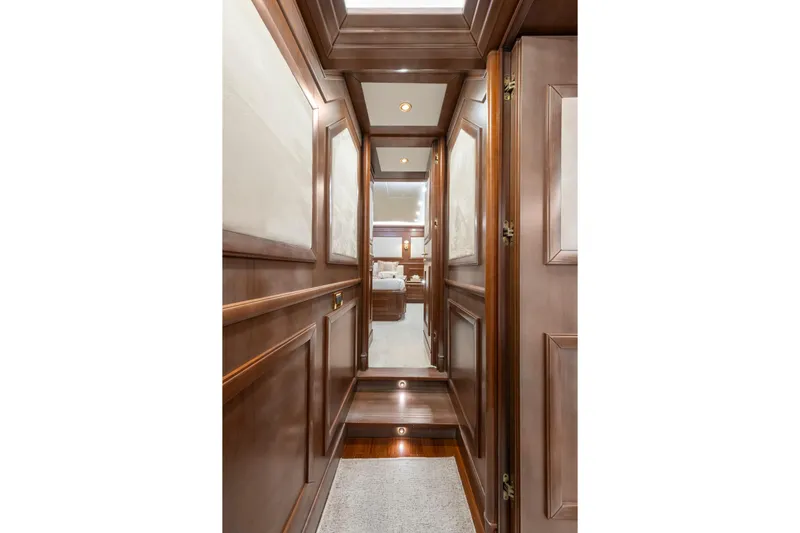 Hag Yacht Photos Pics Luxurious wooden hallway interior of 2007 Custom Line Navetta 30 yacht.