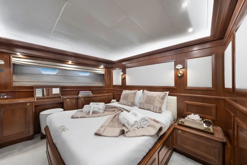 Hag Yacht Photos Pics Luxurious bedroom interior on 2007 Custom Line Navetta 30 yacht, featuring elegant wood paneling.