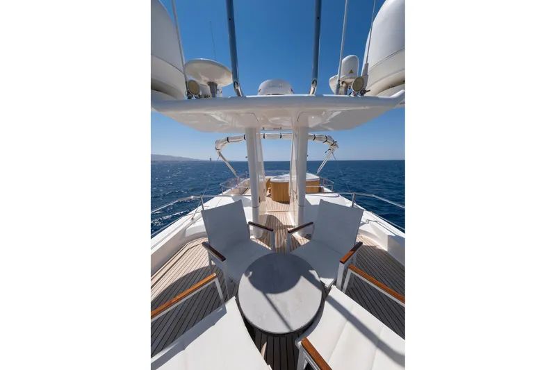 Hag Yacht Photos Pics Luxury yacht deck view on 2007 Custom Line Navetta 30, featuring ocean backdrop.