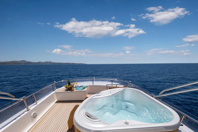 Hag Yacht Photos Pics Luxurious 2007 Custom Line Navetta 30 yacht with jacuzzi, ocean view, and clear blue sky.