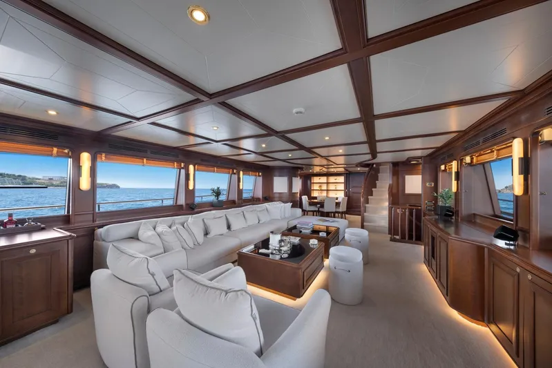 Hag Yacht Photos Pics Luxurious interior of 2007 Custom Line Navetta 30 yacht with elegant wood finishes.