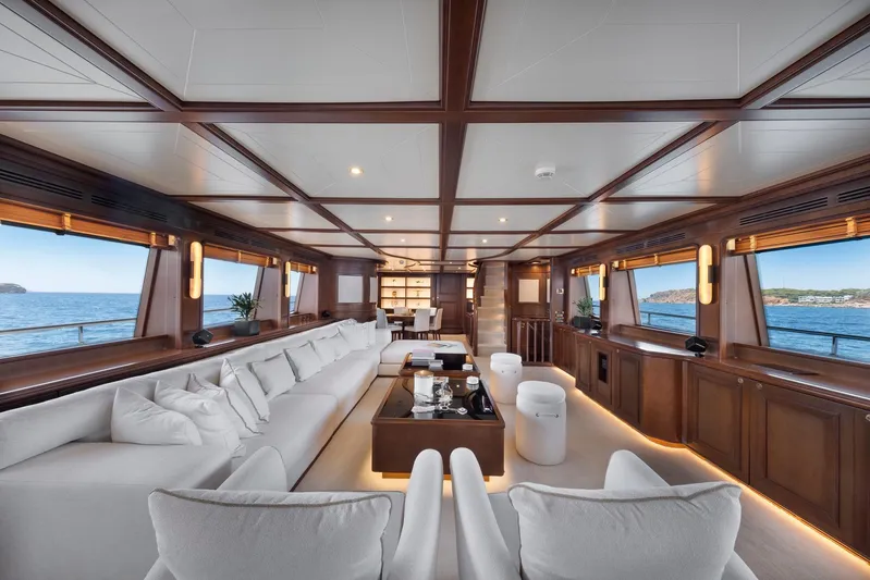 Hag Yacht Photos Pics Luxurious interior of 2007 Custom Line Navetta 30 yacht with elegant wood finishes and ocean views.